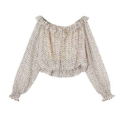 French Polka Dot Off-Shoulder Ruffle Blouse