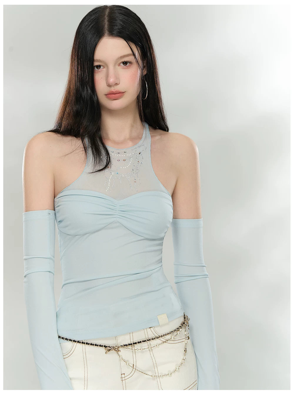 Detachable Mesh Panel Halter T-Shirt