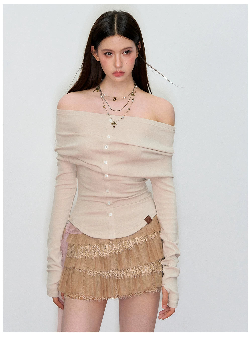 Off-Shoulder Long-Sleeve Knit T-Shirt