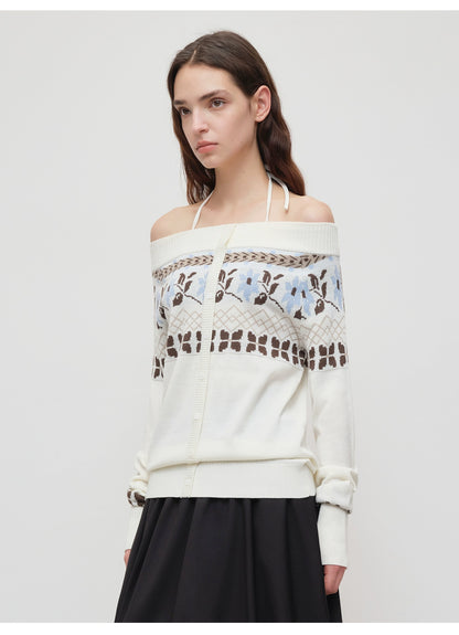 Air Isle Off-Shoulder Wool Knit Sweater