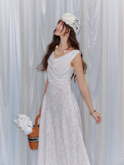 Lace Jacquard Waist-Cinched Maxi Dress