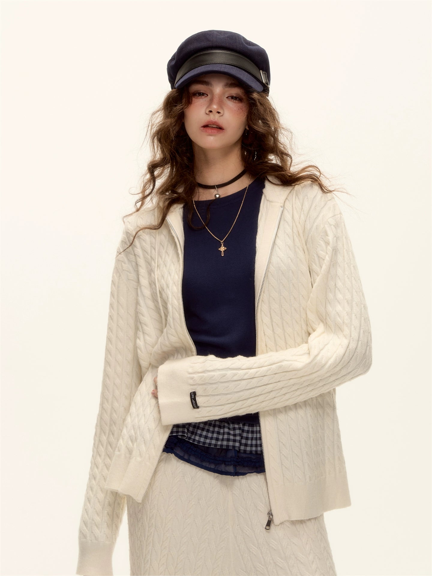 Wool Blend Cable Knit Zipped Hoodie &amp; Wide-Leg Pants Set