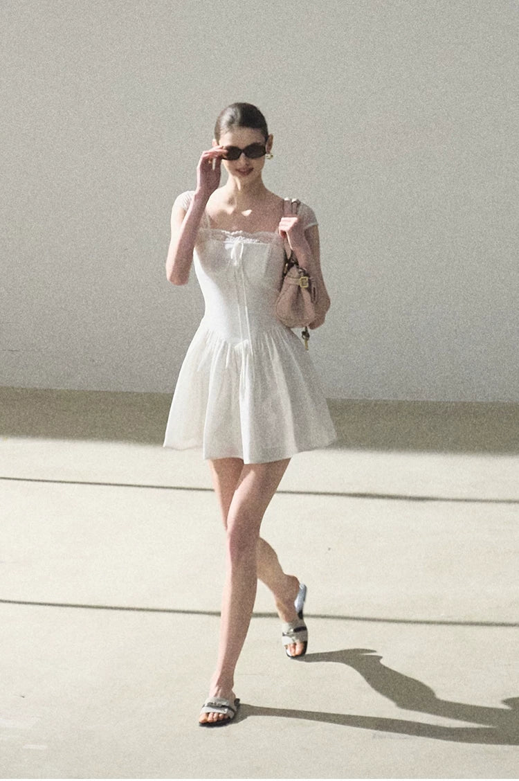 Lace-Spliced Cinched-Waist Vacation Camisole Dress