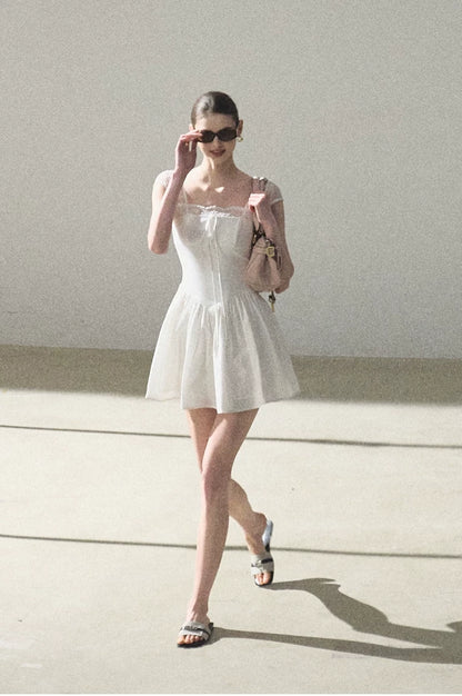 Lace-Spliced Cinched-Waist Vacation Camisole Dress