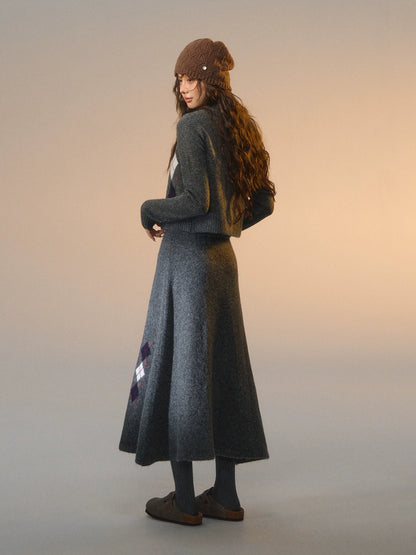 Floral Diamond Knit Vest / Cardigan / Skirt Set