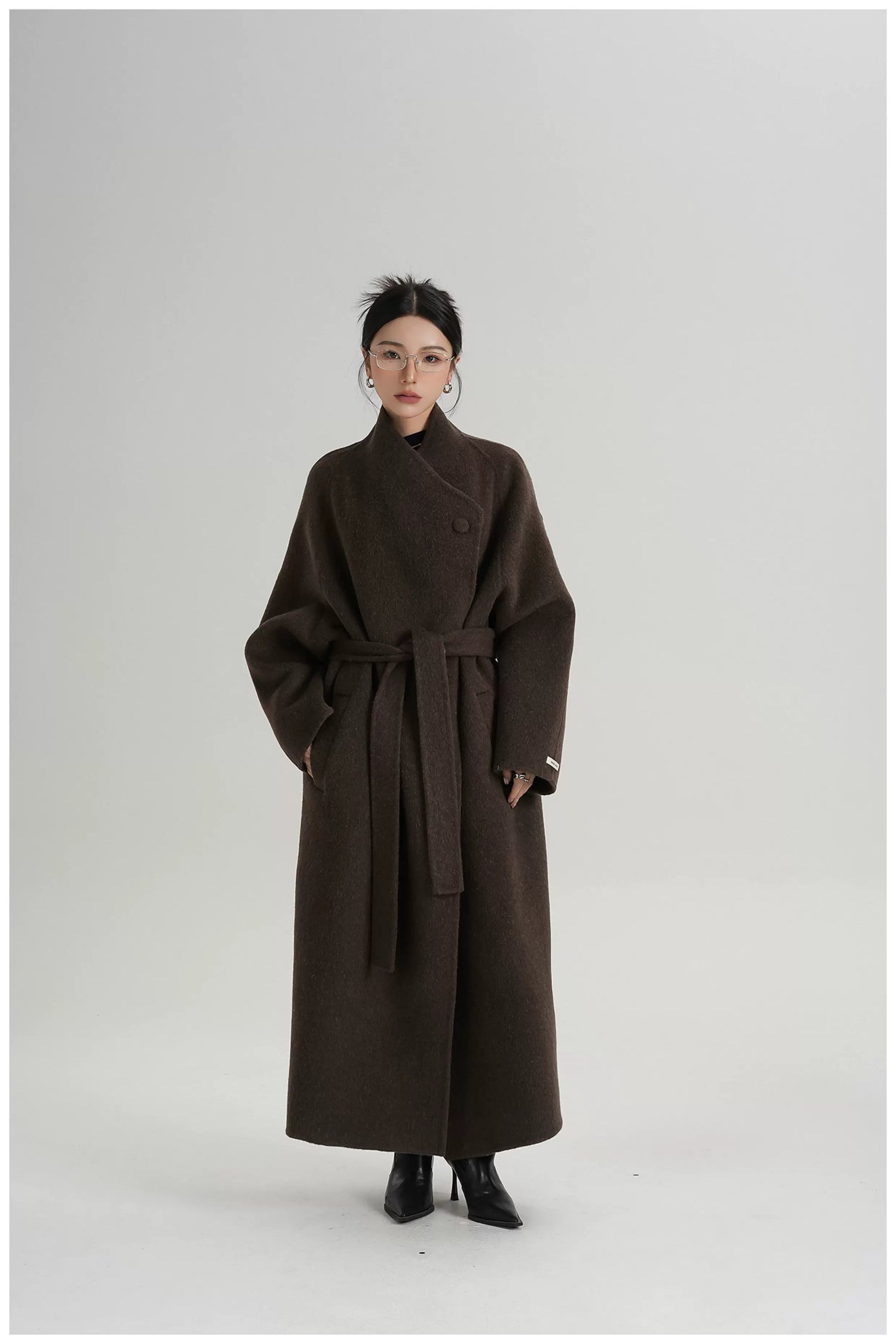 Asymmetric Button Long Wool Coat