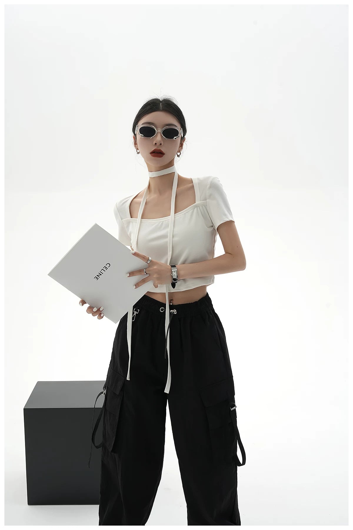 Tie-Detail Square-Neck Cropped T-Shirt