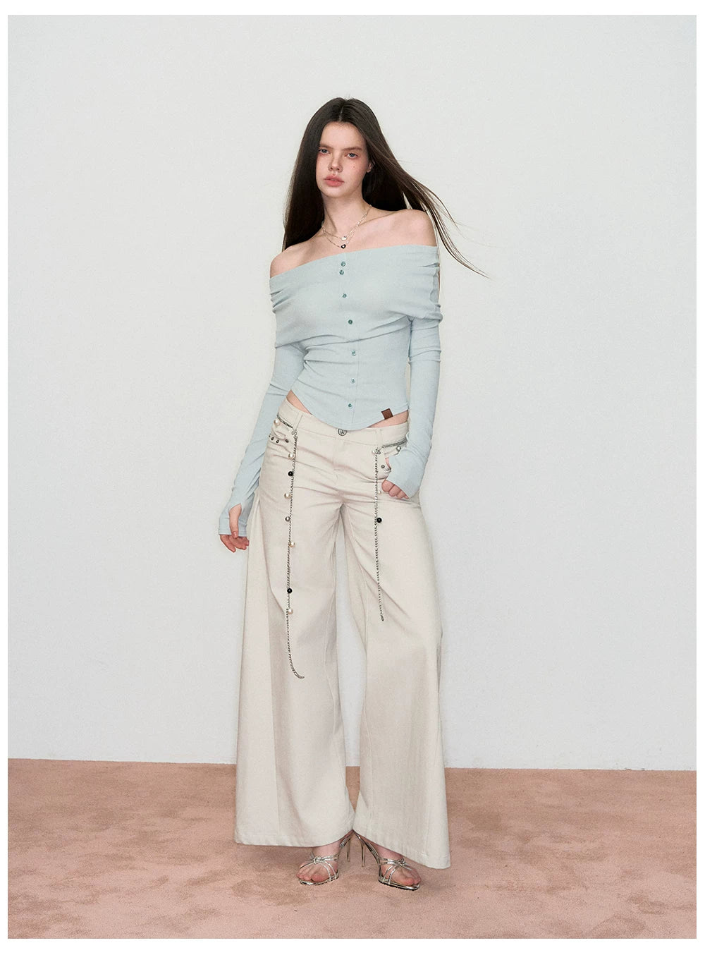 Wave-Embroidered Wide-Leg Straight Pants
