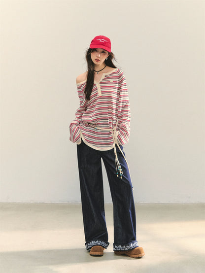Embroidered Belt High-Waist Straight Pants