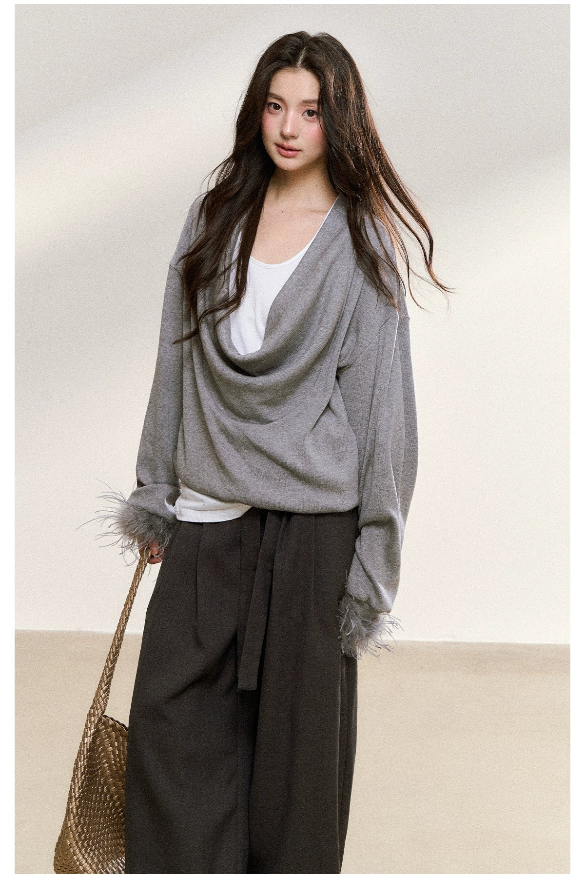 Gray Drape-Neck Fur Cuff Detail Knit Blouse