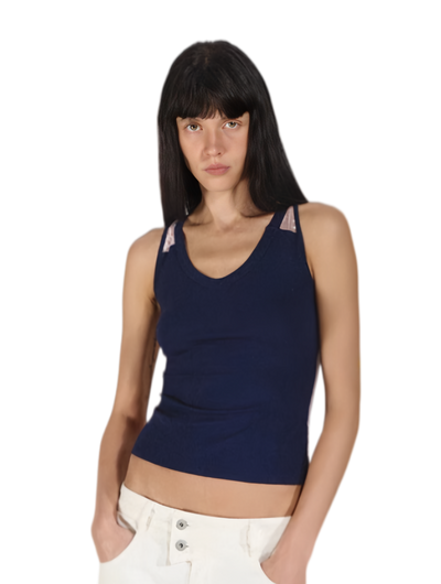 Lace Panel Slim Fit Striped Shoulder Vest Top