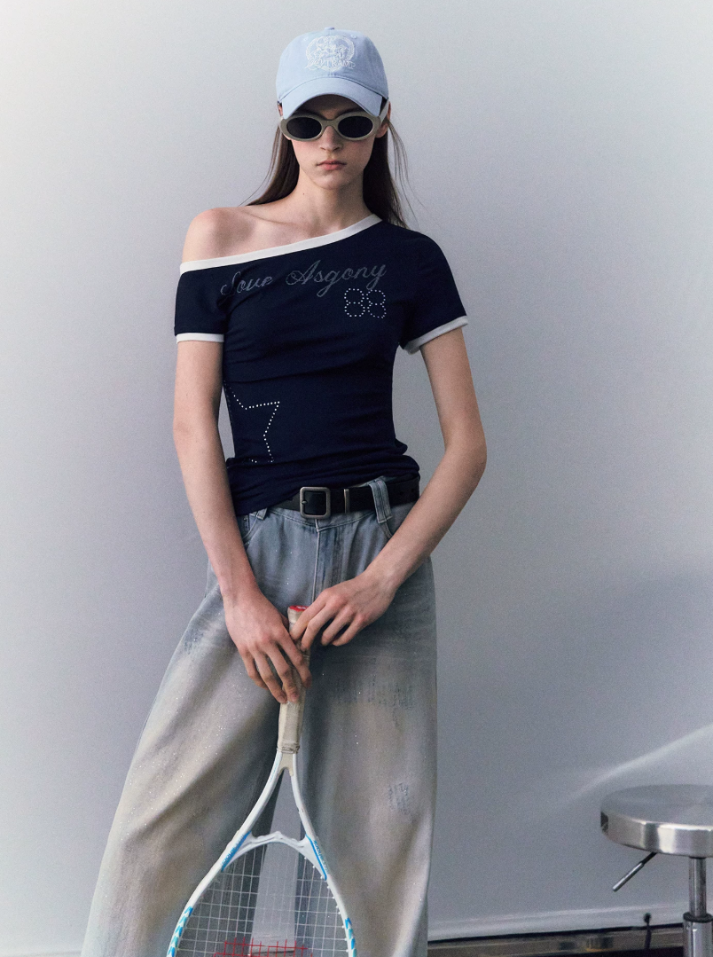 Lyocell Rhinestone Off Shoulder Tee