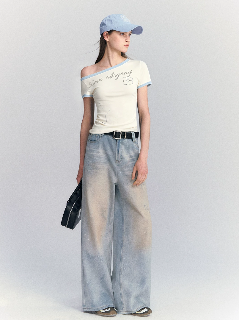 Lyocell Rhinestone Off Shoulder Tee