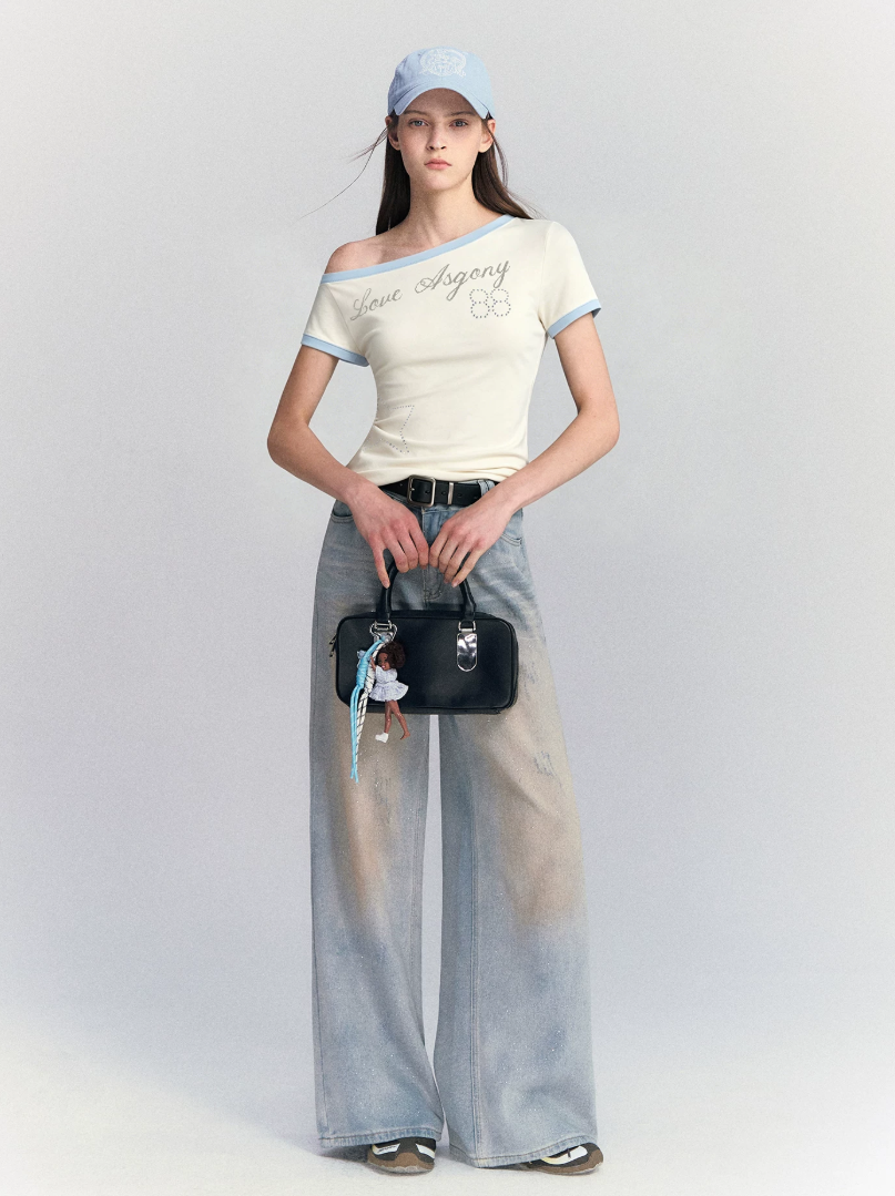 Lyocell Rhinestone Off Shoulder Tee