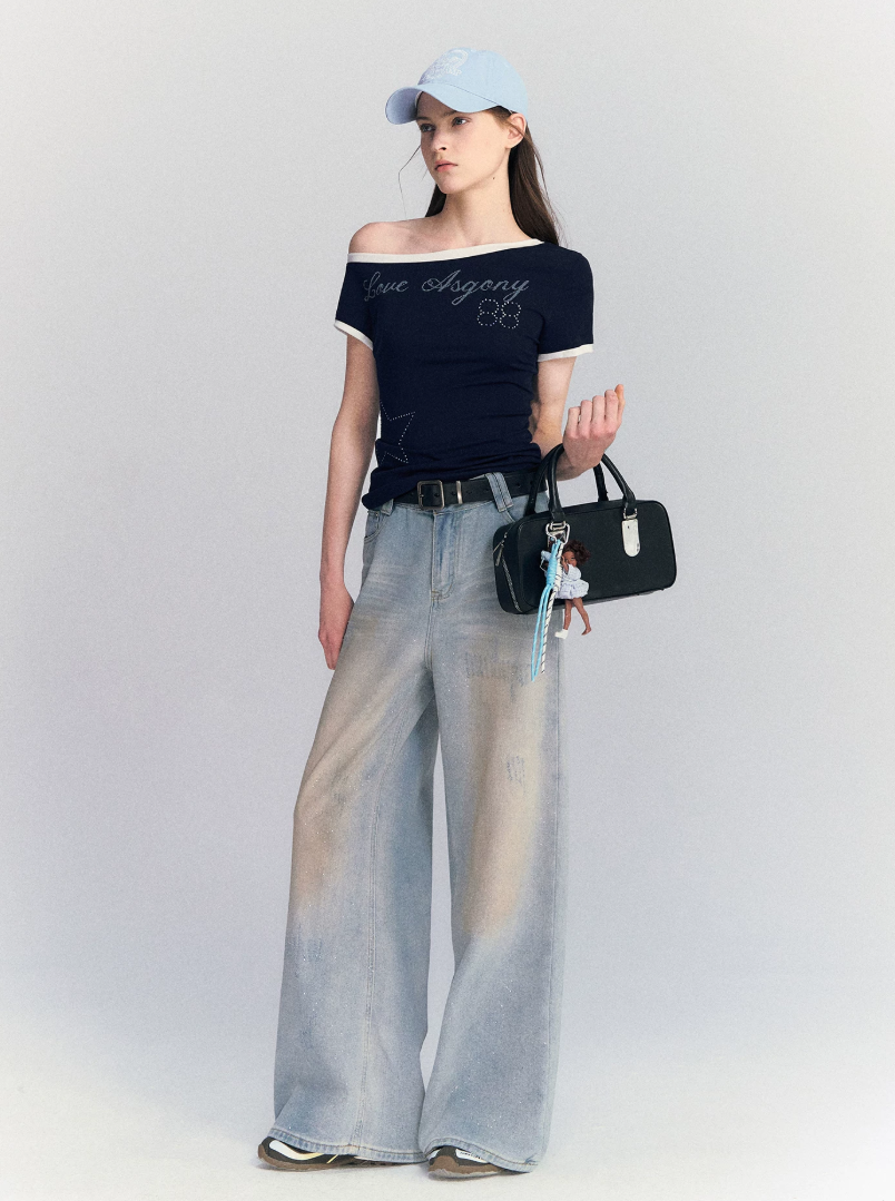 Lyocell Rhinestone Off Shoulder Tee