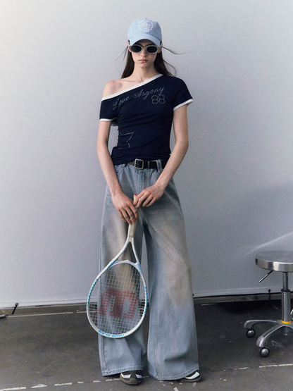 Lyocell Rhinestone Off Shoulder Tee