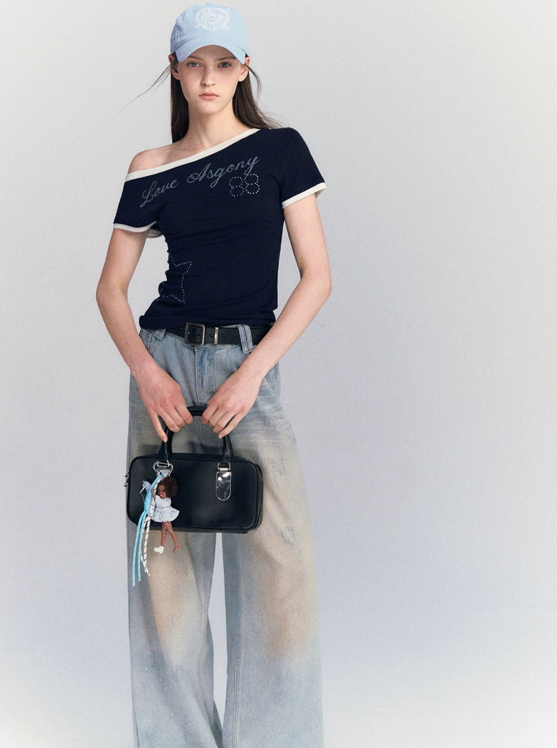 Lyocell Rhinestone Off Shoulder Tee