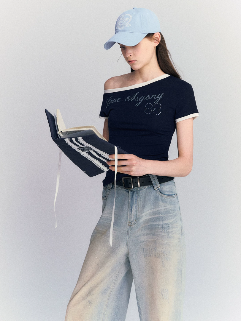 Lyocell Rhinestone Off Shoulder Tee