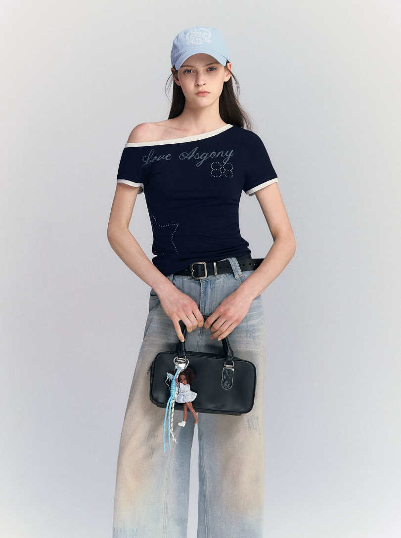 Lyocell Rhinestone Off Shoulder Tee