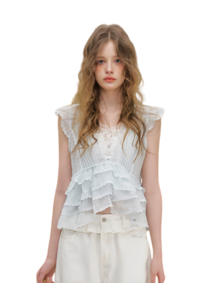 Organza Lace Ruffle Sleeveless Top