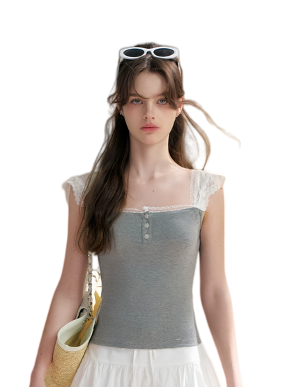 Lace Edge Wide Strap Knit T-Shirt