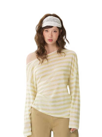 Sheer One-Shoulder Stripe Tee