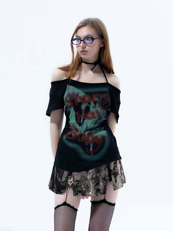 Graffiti Off-Shoulder Fitted T-Shirt