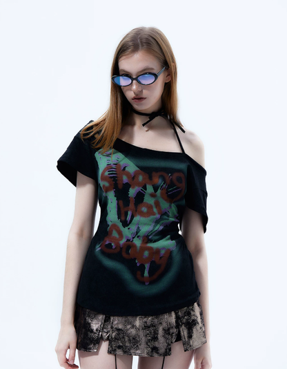 Graffiti Off-Shoulder Fitted T-Shirt