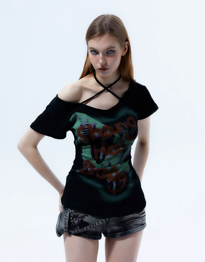 Graffiti Off-Shoulder Fitted T-Shirt