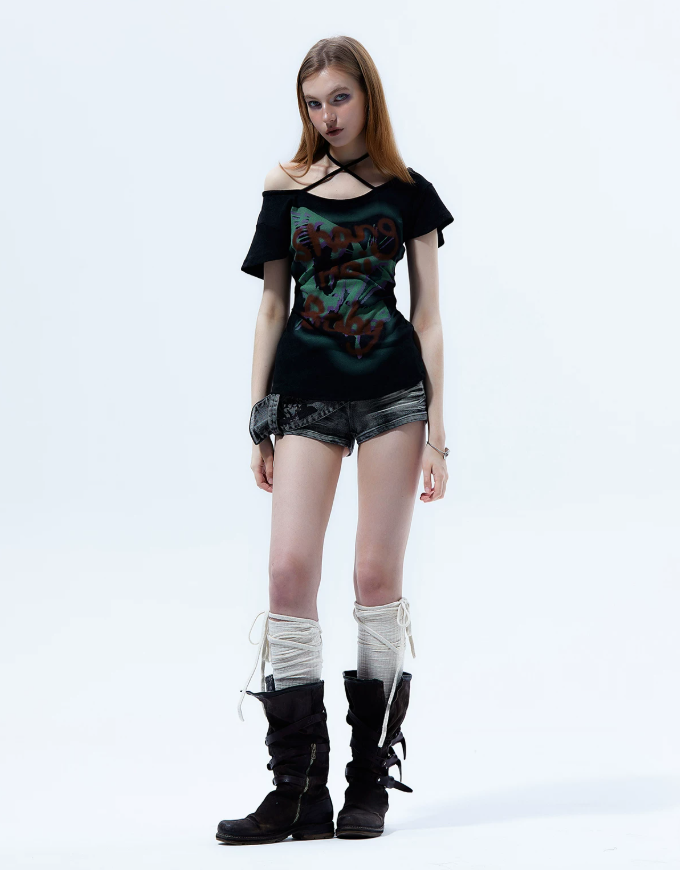Graffiti Off-Shoulder Fitted T-Shirt