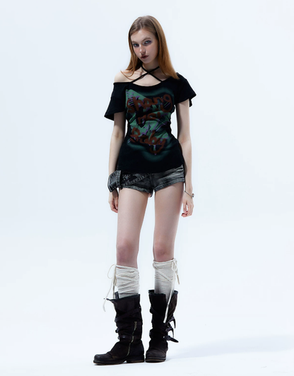 Graffiti Off-Shoulder Fitted T-Shirt
