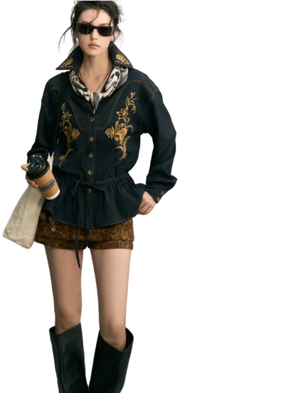 Besticktes Jeansjacken-Shorts-Set