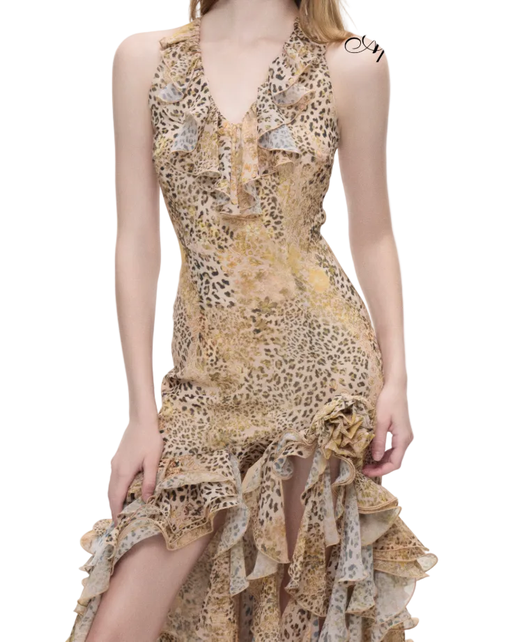 Leopard Ruffle Halter Maxi Dress
