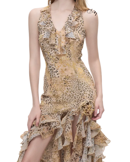 Leopard Ruffle Halter Maxi Dress
