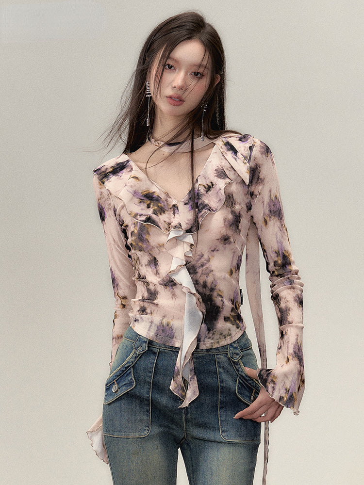 (Final Sale) Oil Painting Ruffled V-neck Blouse - CHINASQUAD