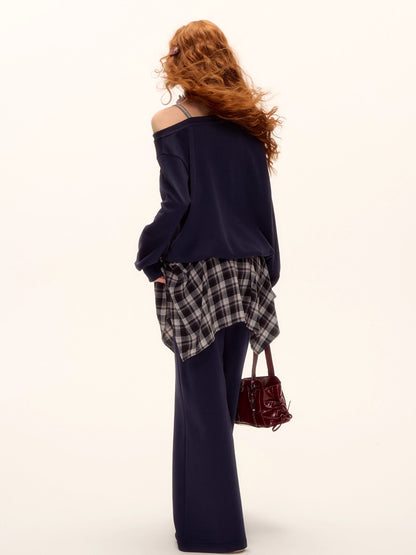 Asymmetric Shoulder Striped Fleece Tracksuit Set