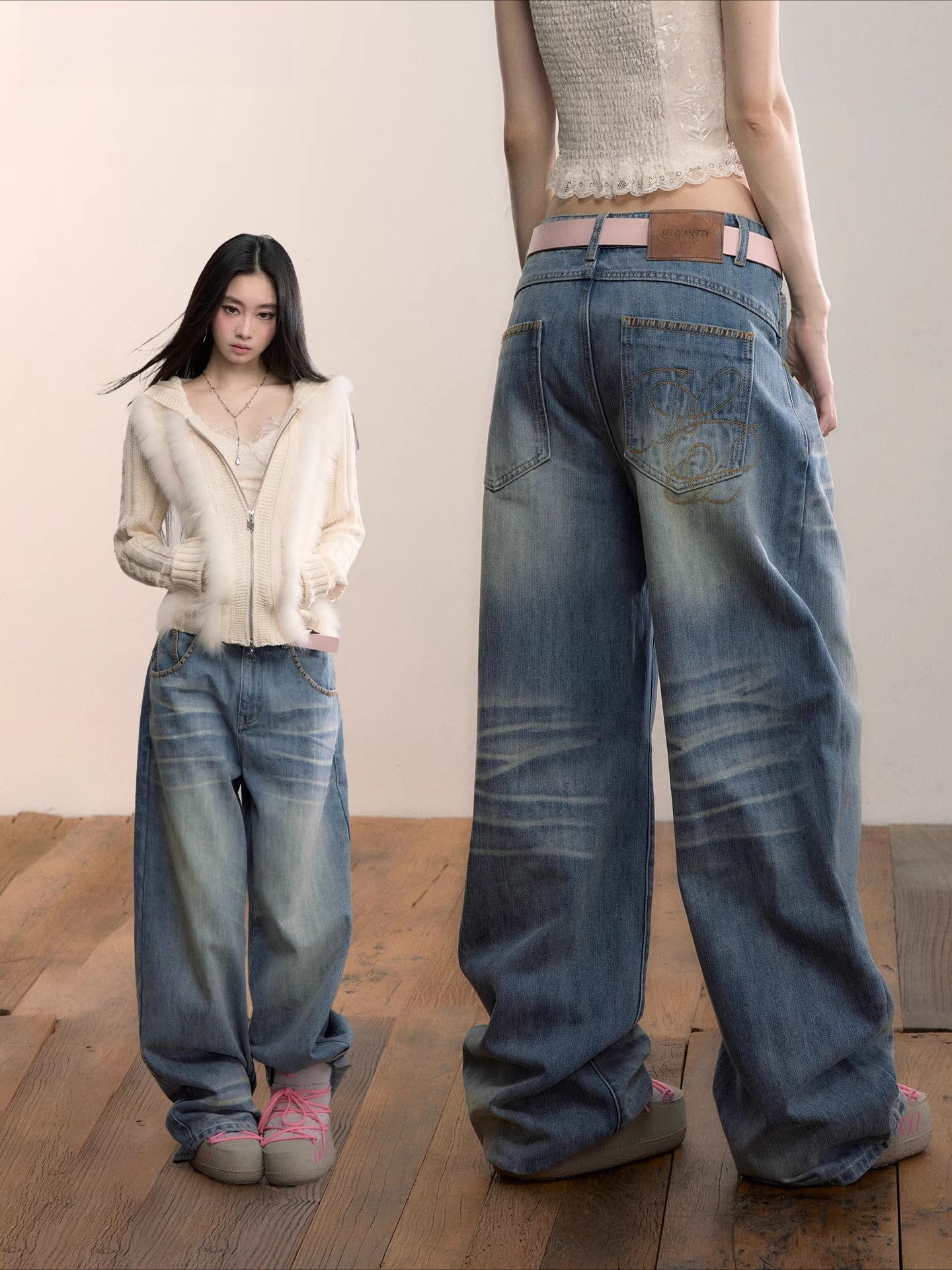 Washed Straight-Leg Denim Pants