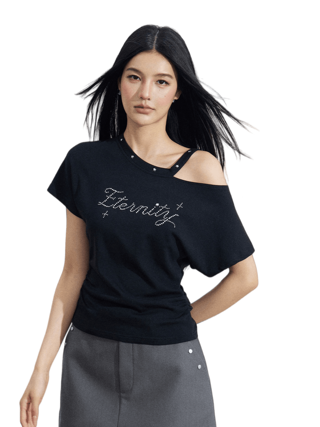 Rhinestone Off-Shoulder Slim-Fit T-Shirt