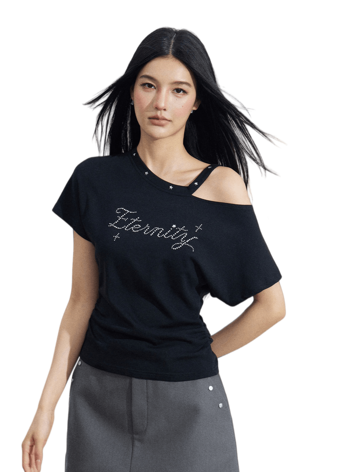 Rhinestone Off-Shoulder Slim-Fit T-Shirt