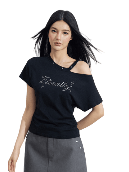 Rhinestone Off-Shoulder Slim-Fit T-Shirt