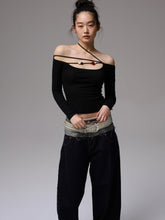 One-Shoulder Beaded Strappy Solid Color T-Shirt - CHINASQUAD