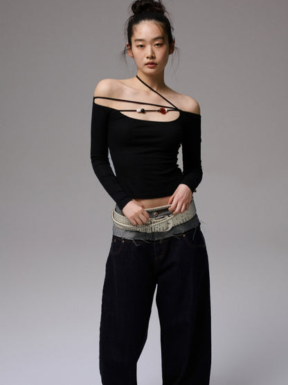 One-Shoulder Beaded Strappy Solid Color T-Shirt - CHINASQUAD