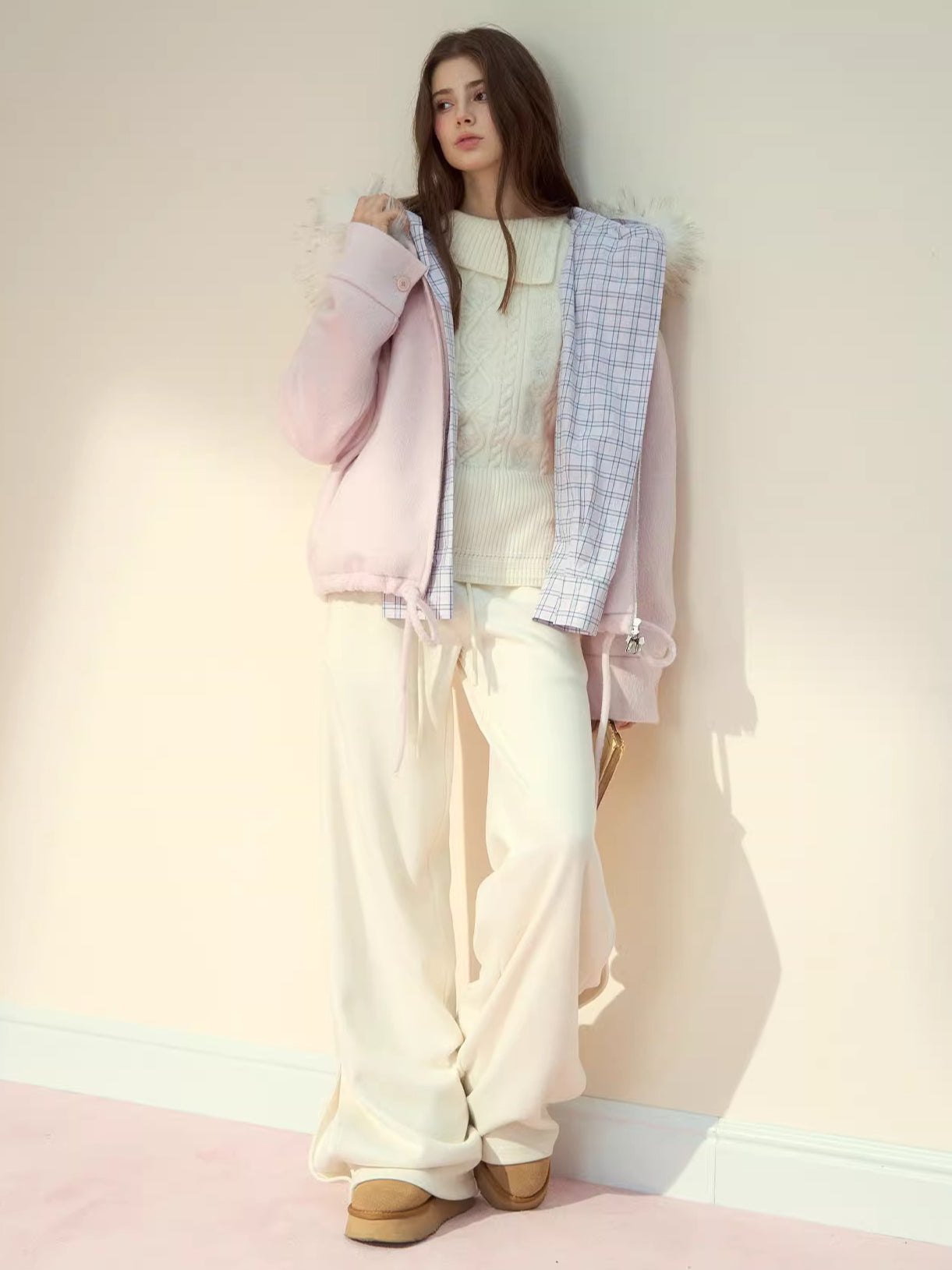 Plaid-Waist Straight Wool Trousers