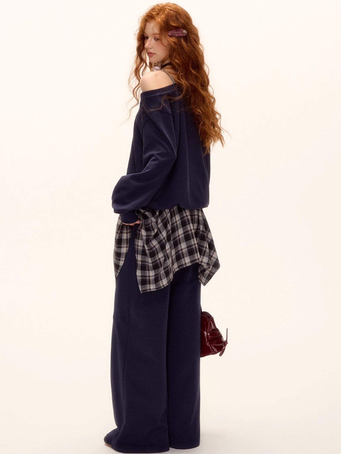 Asymmetric Shoulder Striped Fleece Tracksuit Set