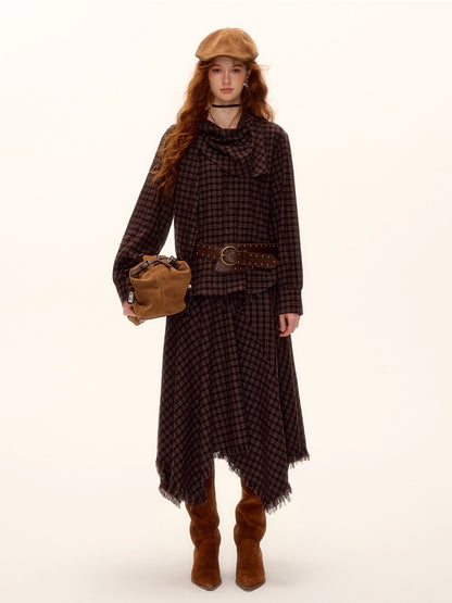 Vintage Plaid Beaded Tie-Scarf Shirt