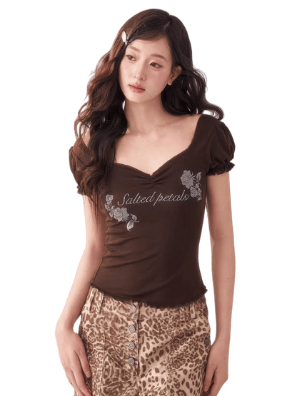 Rhinestone Floral Square-Neck Fitted Baby Tee