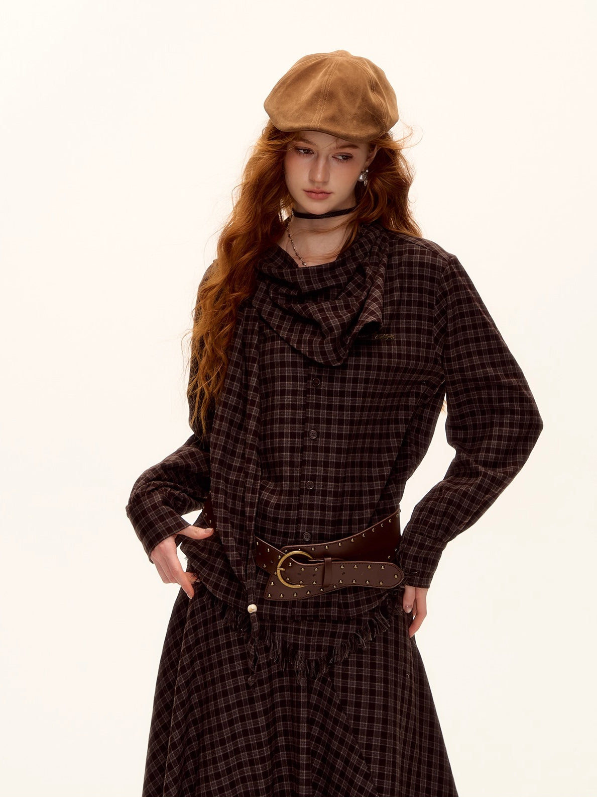 Vintage Plaid Beaded Tie-Scarf Shirt