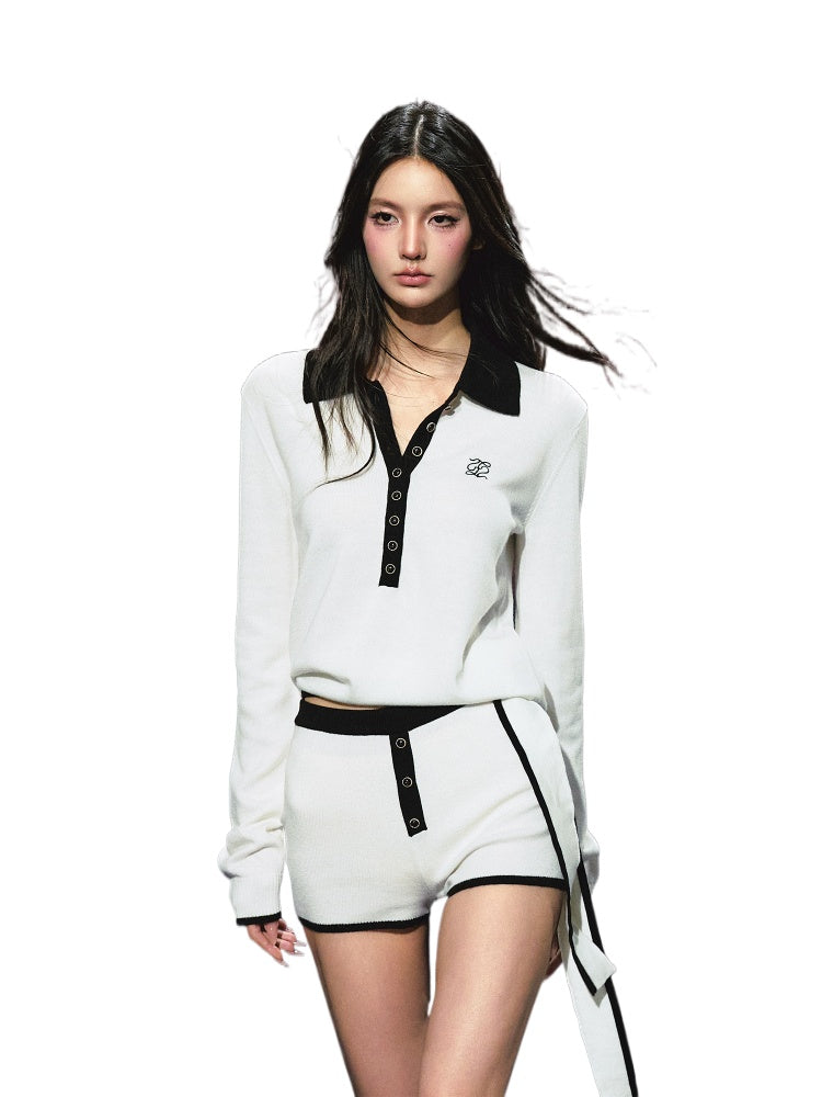 Ribbon Polo Tie-Up Sweater &amp; Shorts Set - CHINASQUAD