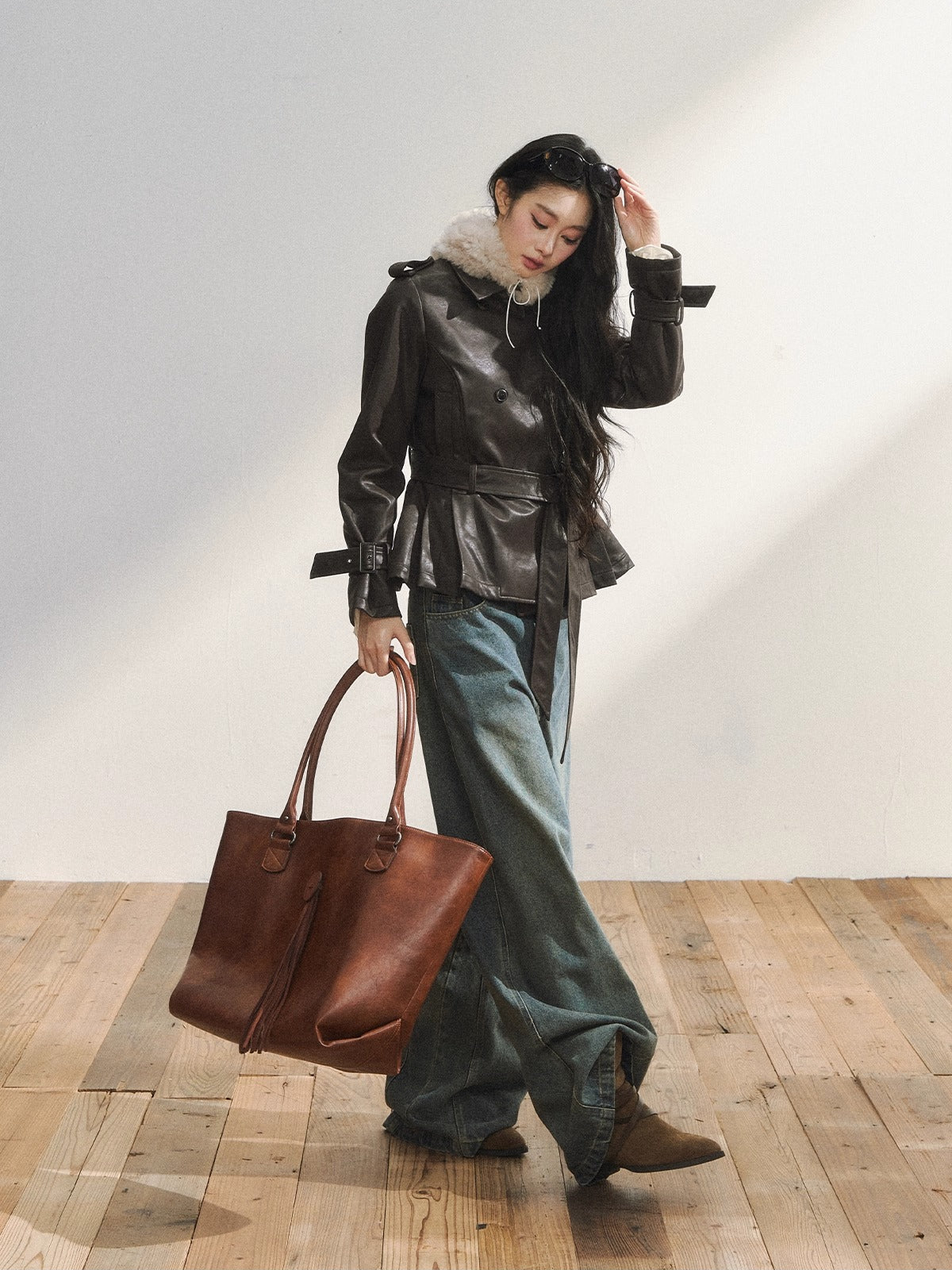 Vintage Brown Belted Faux Leather Wool Jacket