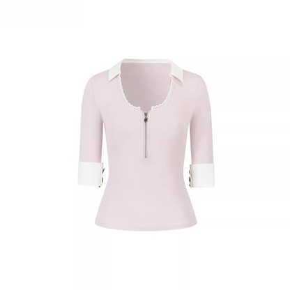 Lace Trim Half-Zip Knit Polo T-Shirts
